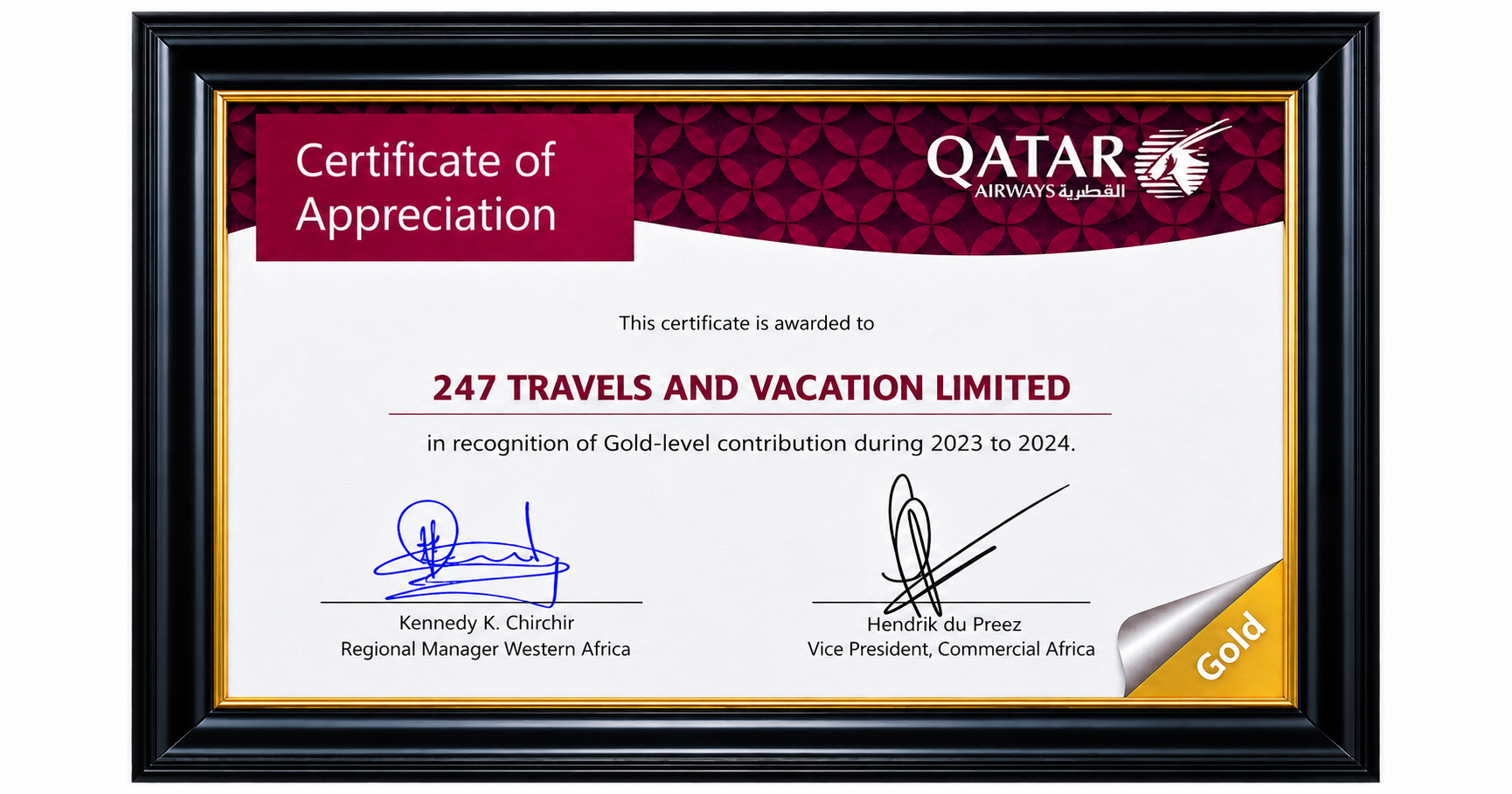 247 Travels Qatar Airways Certificate of Appreciation ✈️